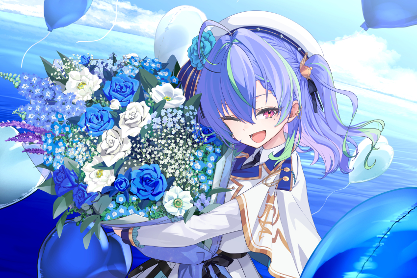 1girl, :d, absurdres, ahoge, balloon, black_necktie, blue_flower, blue_hair