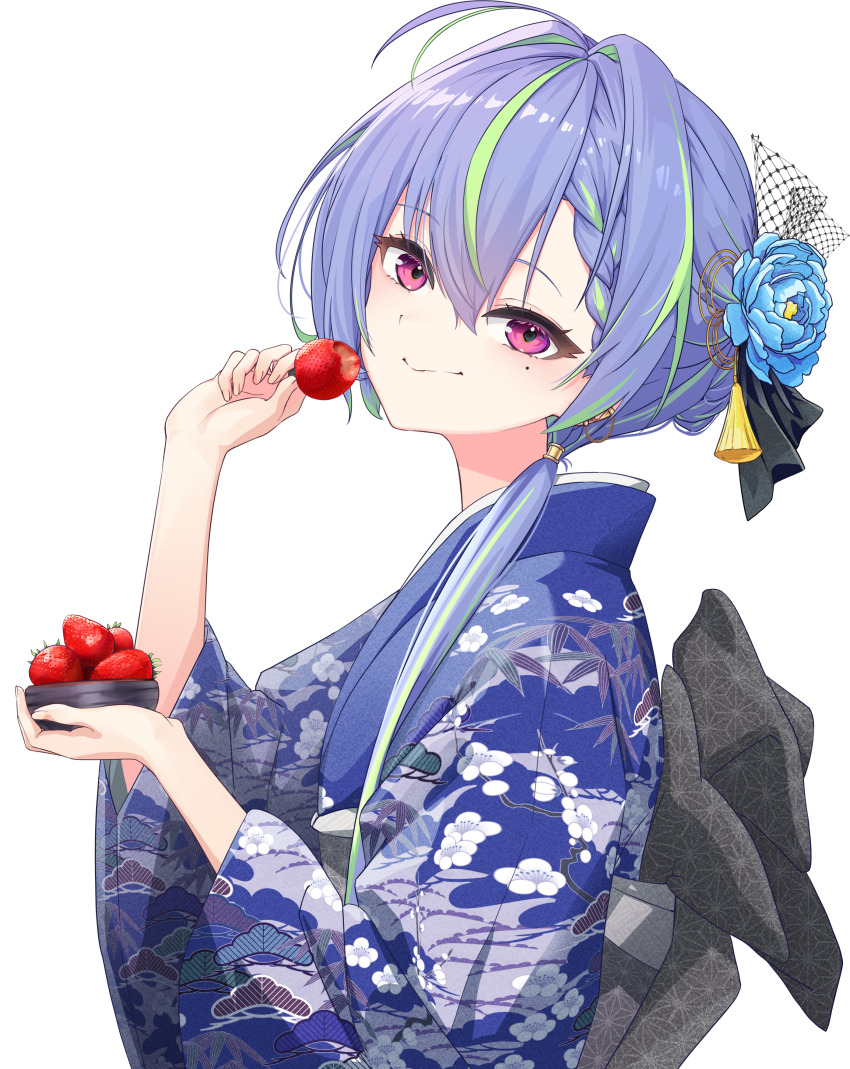 1girl, 2025, absurdres, alternate_costume, blue_flower, blue_hair, blue_kimono, blush