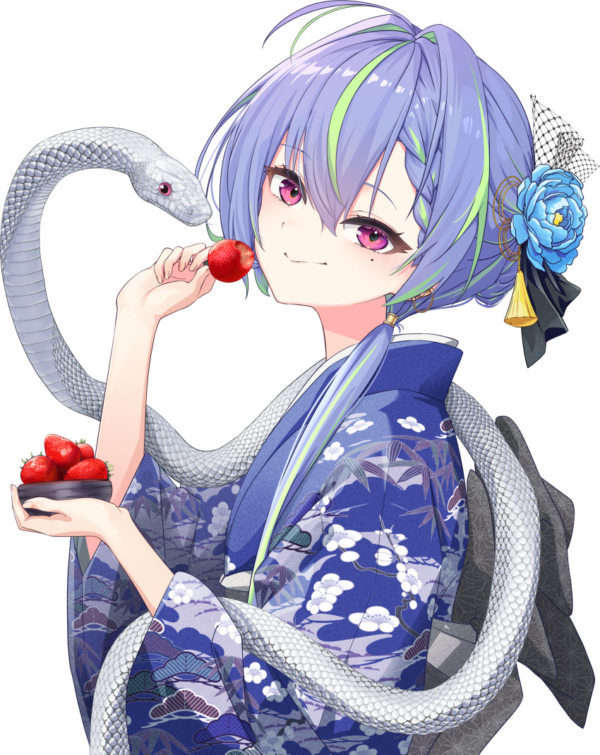 1girl, 2025, absurdres, alternate_costume, blue_flower, blue_hair, blue_kimono, blush