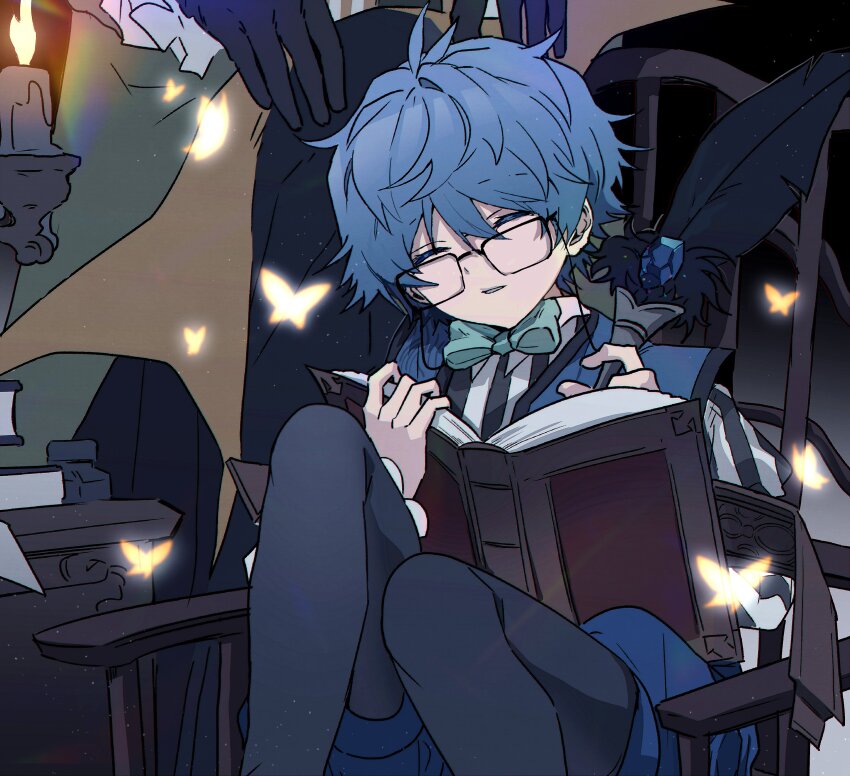 2boys, absurdres, black_gloves, blue_gem, blue_hair, book, bow, bowtie