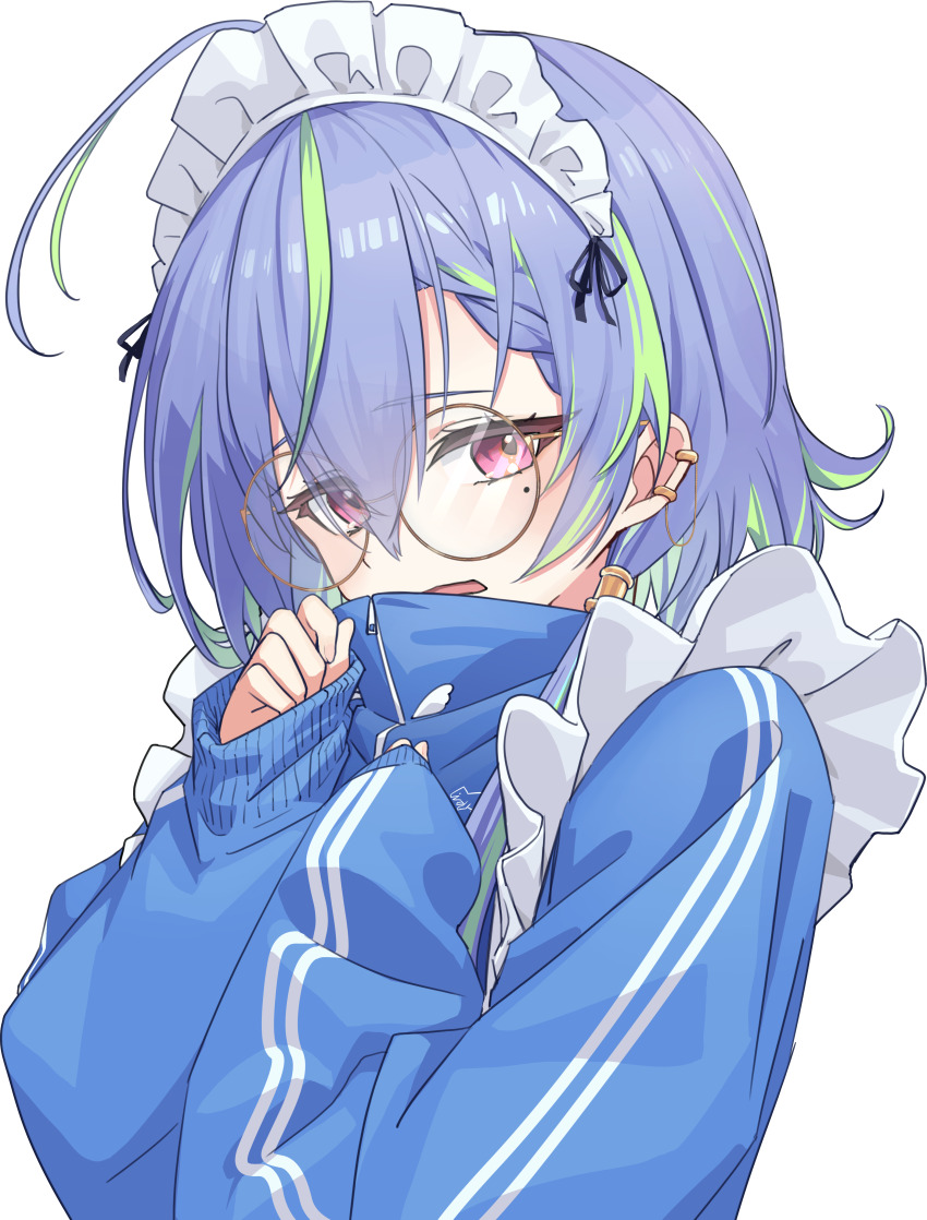 1girl, absurdres, blue_hair, blue_jacket, blush, brown-framed_eyewear, commentary_request, glasses