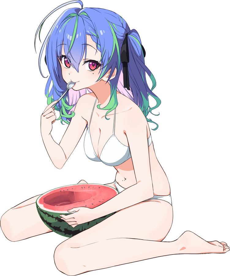 1girl, ahoge, alternate_costume, bikini, black_bow, blue_hair, bow, breasts