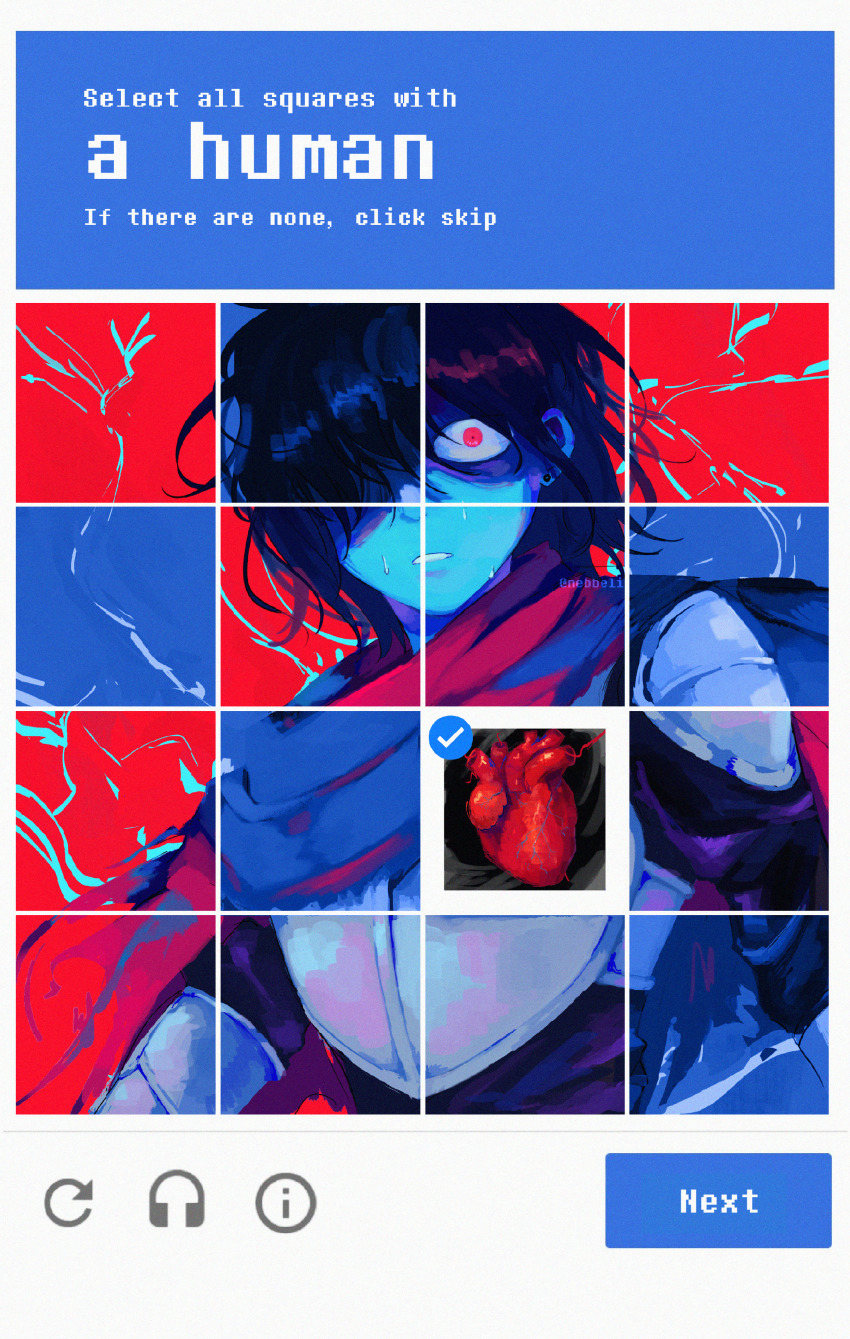 1other, absurdres, armor, artist_name, black_hair, blue_skin, cape, captcha, colored_skin, deltarune, english_text, hair_over_one_eye, heart, highres, kris_(dark_world)_(deltarune), kris_(deltarune), meme, nebbeli, red_eyes, select_all_squares_(meme), sweat, upper_body, utdr_(toby_fox)