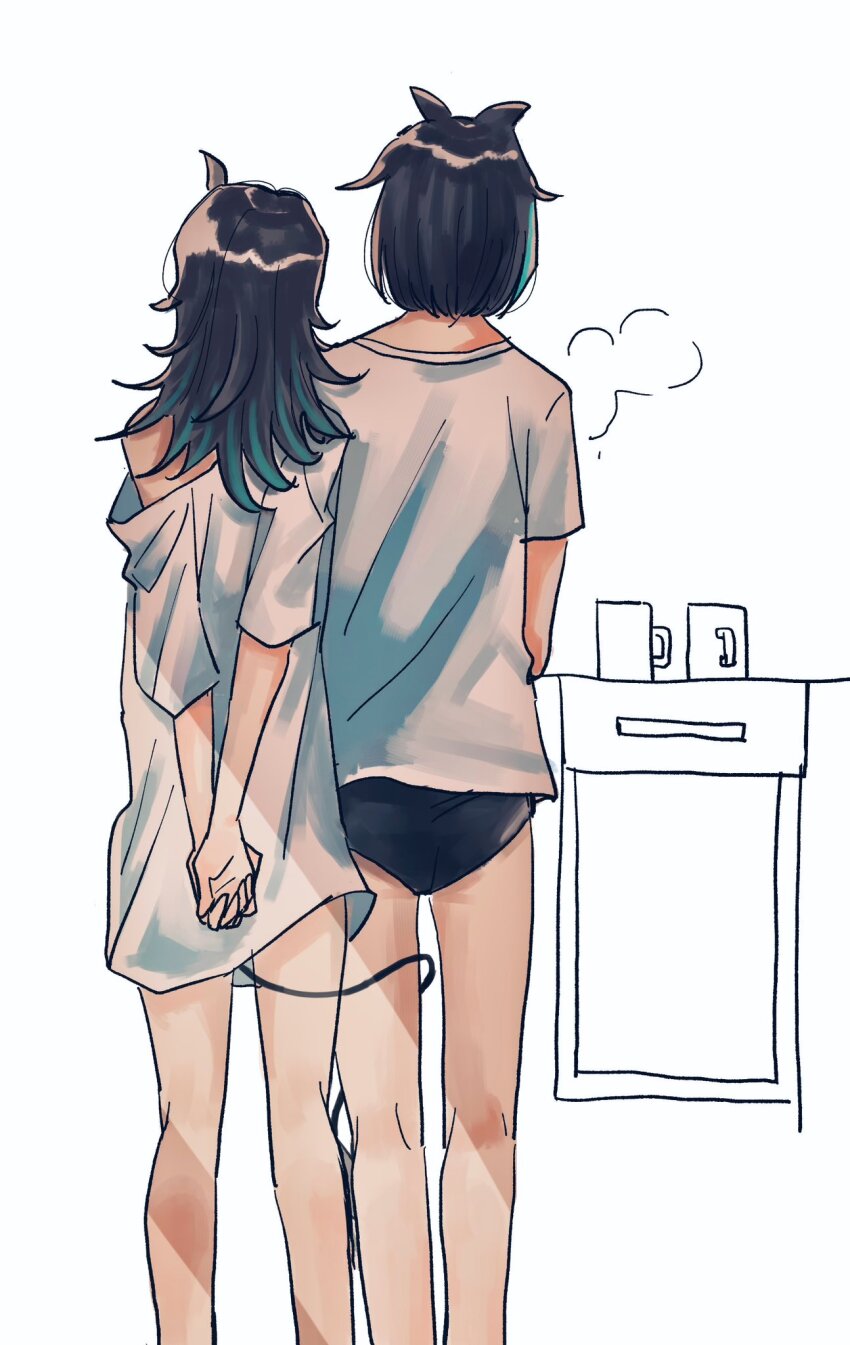 2girls, alternate_costume, amaotome, arms_behind_back, black_hair, black_panties, blue_hair, demon_girl, demon_horns, demon_tail, feet_out_of_frame, from_behind, highres, horns, long_hair, multicolored_hair, multiple_girls, nanashi_inc., oura_rukako, own_hands_together, panties, shirt, shishio_chris, short_hair, simple_background, standing, tail, tail_around_another's_leg, tail_wrap, two-tone_hair, underwear, virtual_youtuber, white_background, white_shirt, yuri