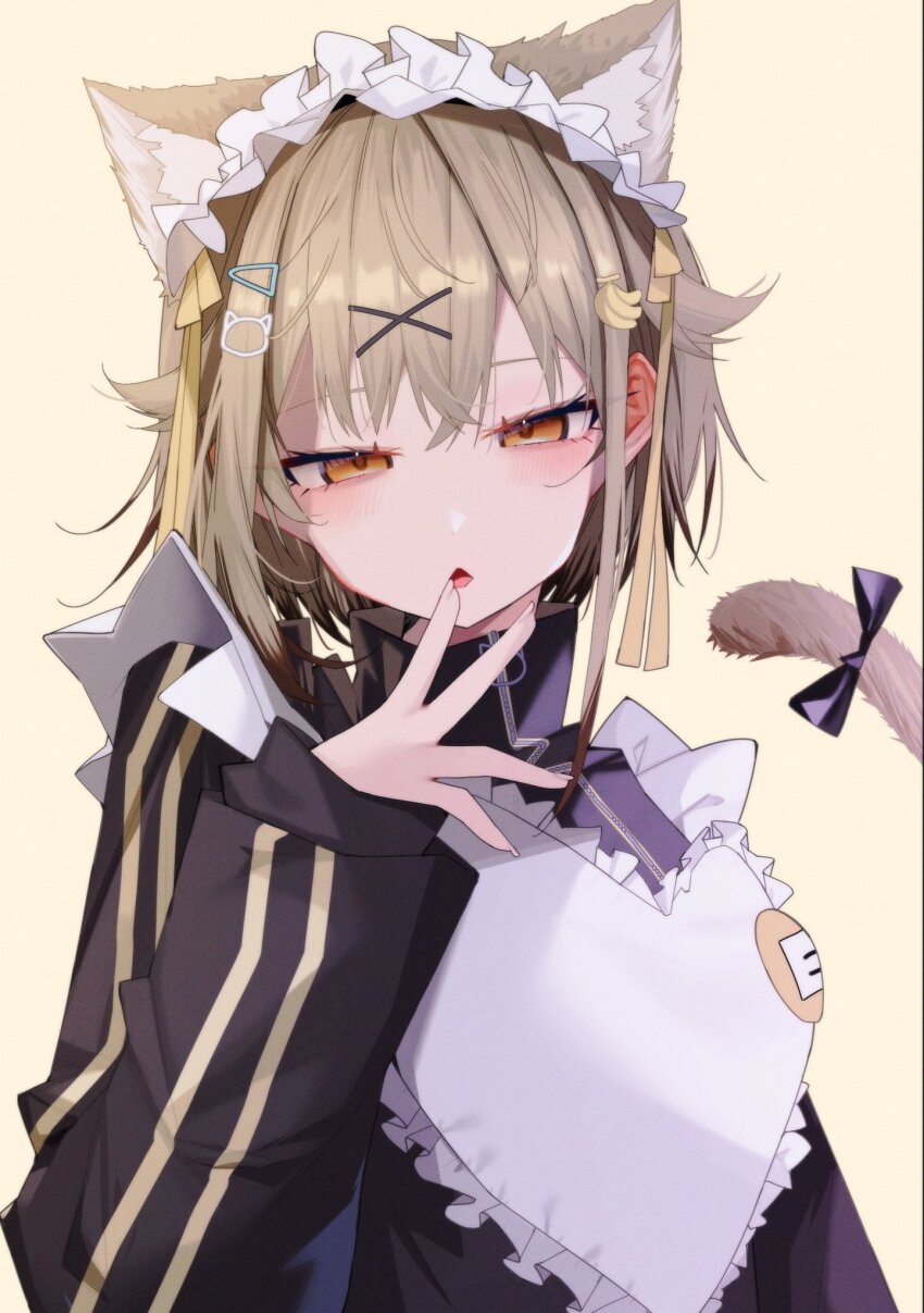 1girl, animal_ear_fluff, animal_ears, apron, banana_hair_ornament, black_bow, black_jacket, bow
