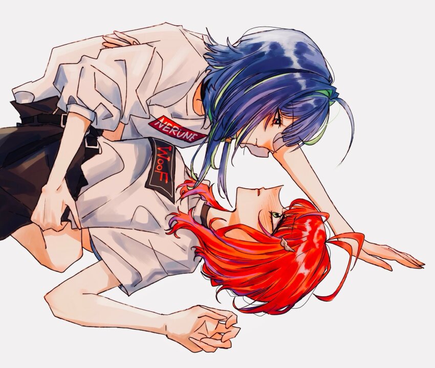 2girls, akane_canna, akane_canna_(2nd_costume), amaotome, black_shorts, black_skirt, blue_hair, closed_mouth