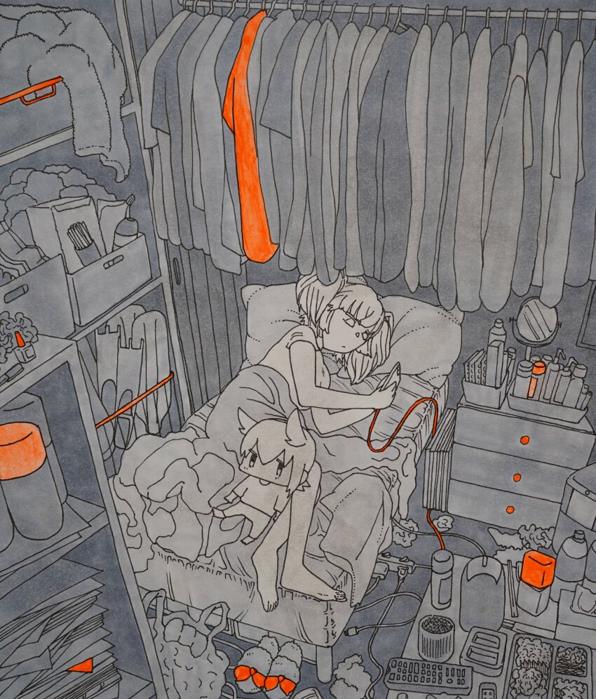 2girls, absurdly_detailed_composition, absurdres, alternate_costume, atlanta_(kancolle), bag, barefoot, bed