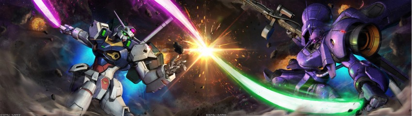 absurdres, asteroid, battle, beam_rifle, cable, copyright_logo, debris, duel, dust_cloud, earth_federation_space_forces, energy_beam, energy_gun, energy_sword, engage_gundam, explosion, gundam, gundam_battle_operation_2, gundam_u.c._engage, highres, kampfer_(mobile_suit), kampfer_high_mobility_type, logo, machinery, mecha, mecha_focus, mobile_suit, no_humans, one-eyed, painting_(medium), radio_antenna, realistic, robot, scan, science_fiction, space, sparks, sunrise_(company), sword, tenjin_hidetaka, thrusters, traditional_media, v-fin, weapon, zeon