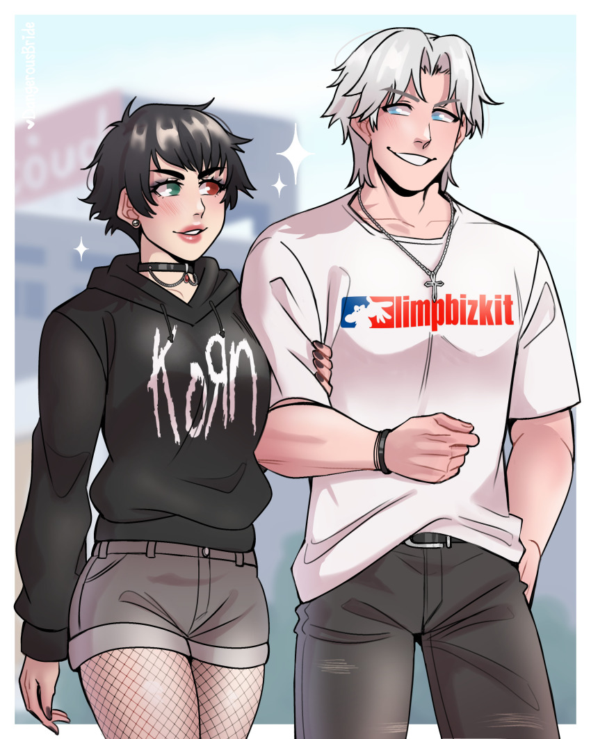 1boy, 1girl, absurdres, black_hair, black_nails, black_pants, blue_eyes, dangerousbride