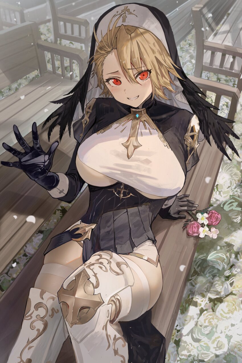 1girl, absurdres, black_gloves, black_veil, blonde_hair, breasts, character_request, copyright_request