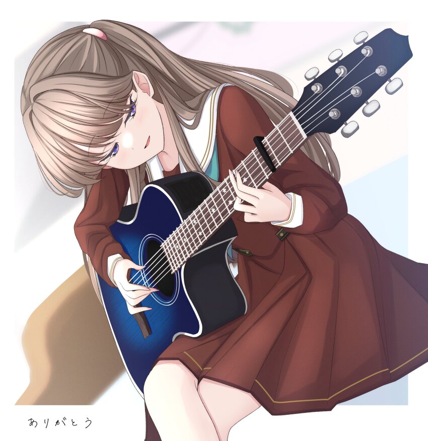 1girl, absurdres, acoustic_guitar, aqua_neckerchief, blurry, blurry_background, brown_dress, brown_hair