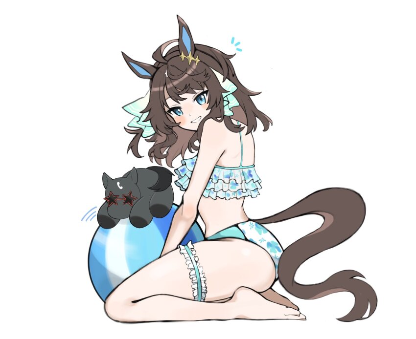 1girl, ahoge, alternate_costume, animal_ears, ass, babie, ball, beachball, blue_eyes, blush, collarbone, commentary_request, contrail_(racehorse), daring_tact_(umamusume), full_body, grin, hair_ornament, highres, horse_ears, horse_tail, long_hair, looking_at_viewer, simple_background, smile, star_(symbol), star_hair_ornament, swimsuit, tail, umamusume, undersized_animal, white_background