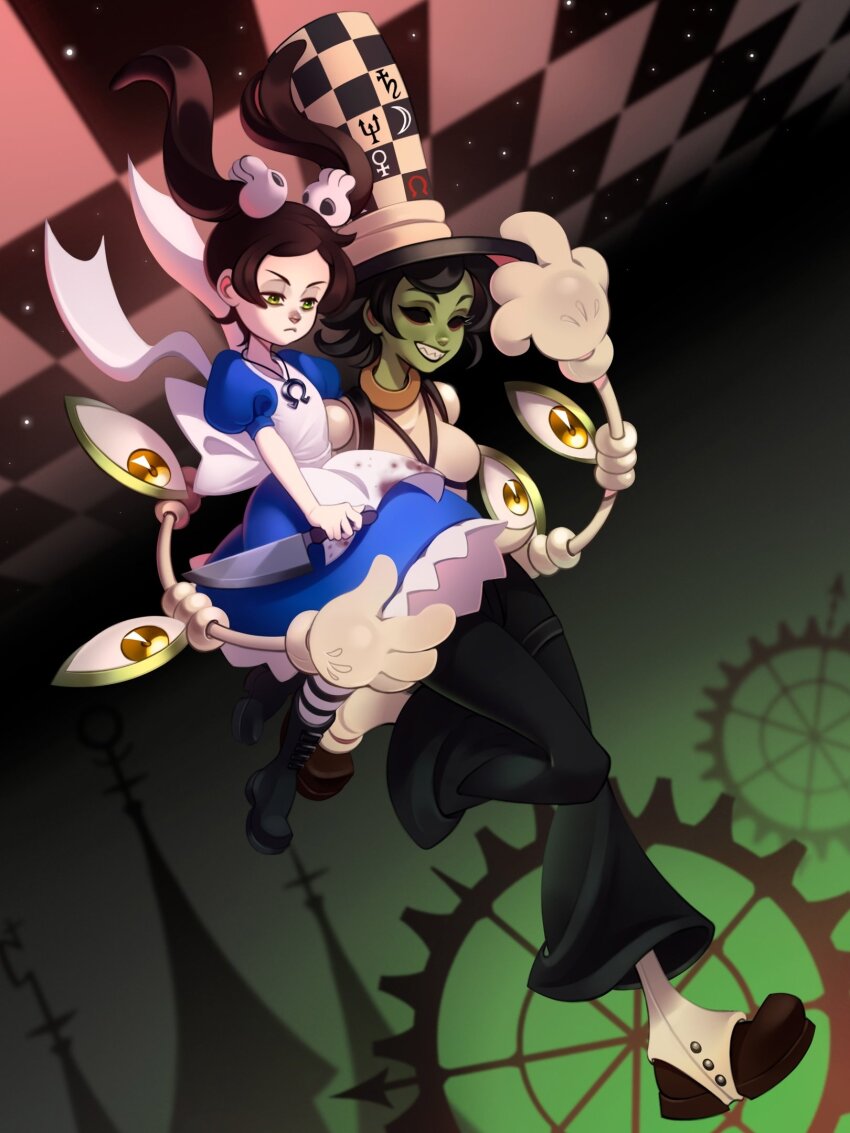 2girls, aged_up, alice_liddell_(american_mcgee's_alice), alice_liddell_(american_mcgee's_alice)_(cosplay), american_mcgee's_alice, apron, back_bow, baggy_pants, black_hair, blood_on_clothes, bloody_marie_(skullgirls), bow, brown_hair, carrying, carrying_person, checkered_background, colored_skin, cosplay, crossover, cyborg, dress, frilled_dress, frills, full_body, gears, gloves, green_eyes, green_skin, grin, hair_ornament, hat, highres, holding, holding_knife, jewelry, jupiter_symbol, knife, long_hair, luxey_san, mad_hatter_(alice_in_wonderland), mad_hatter_(alice_in_wonderland)_(cosplay), multiple_girls, necklace, omega_symbol, pants, peacock_(skullgirls), short_hair, skull_hair_ornament, skullgirls, smile, socks, spats_(footwear), striped_clothes, striped_socks, top_hat