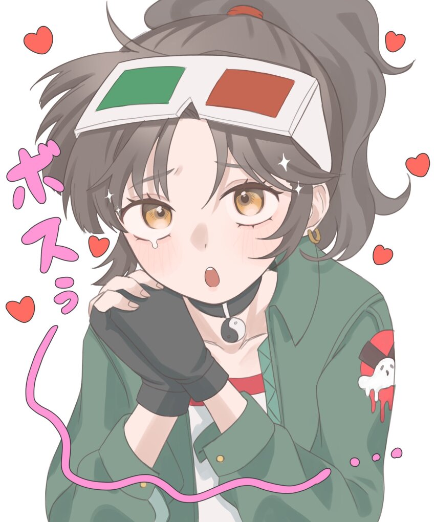 1girl, 3d_glasses, :o, an-an_lee, black_choker, black_gloves, black_hair, choker