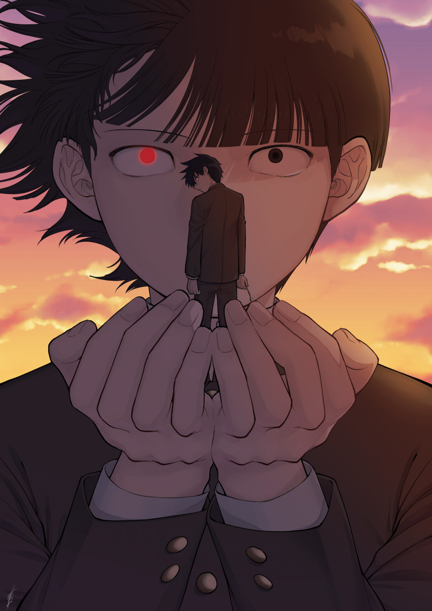 2boys, absurdres, black_eyes, black_hair, blunt_bangs, brothers, buttoned_cuffs, buttons