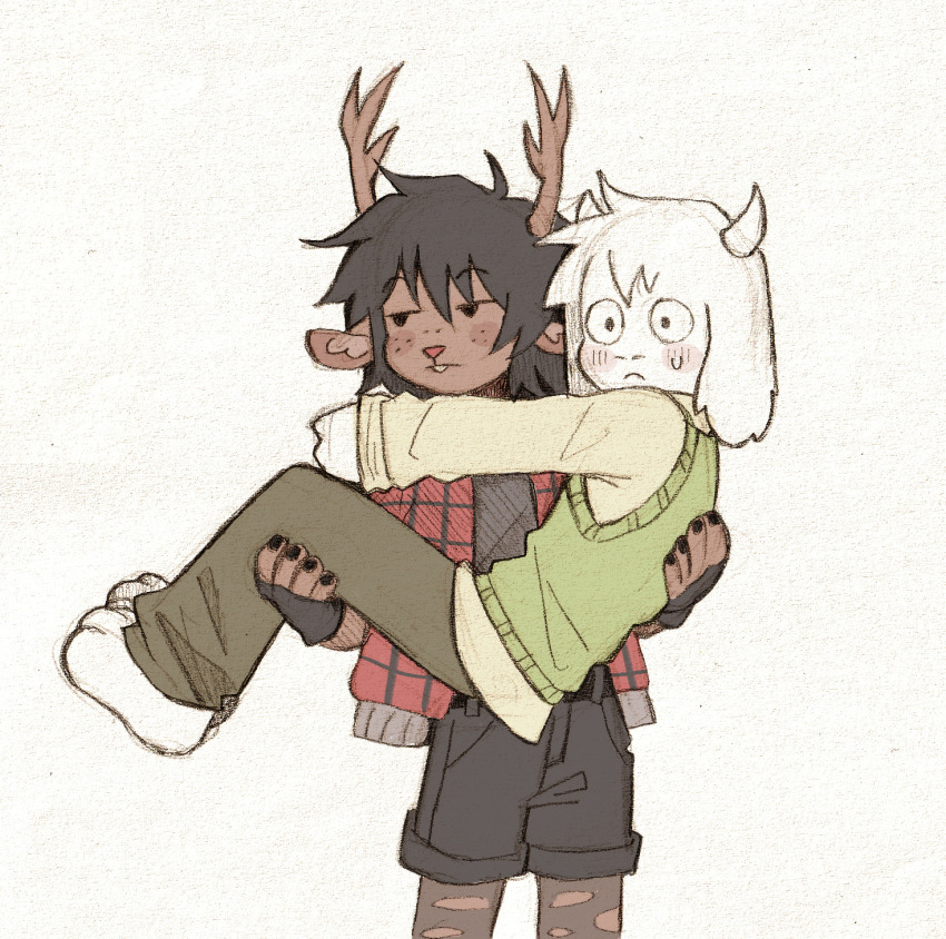 1boy, 1girl, animal_ears, antlers, asriel_dreemurr, black_gloves, black_nails, black_pantyhose