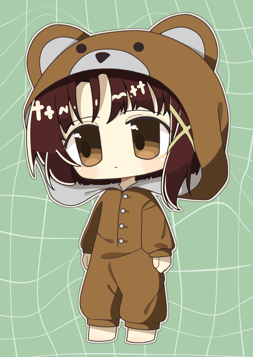 1girl, aoiuna, asymmetrical_hair, barefoot, brown_eyes, brown_hair, chibi, closed_mouth, full_body, green_background, hair_ornament, highres, iwakura_lain, no_nose, serial_experiments_lain, short_hair, single_sidelock, solo, x_hair_ornament