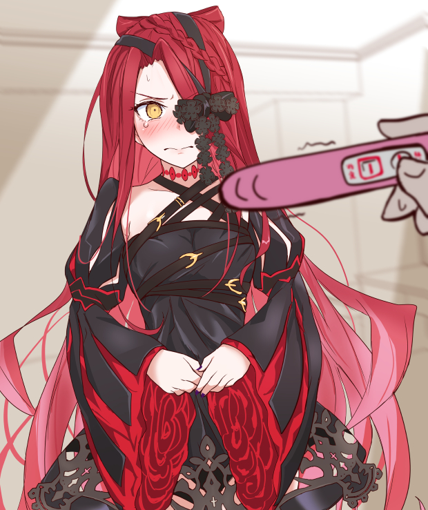 1girl, black_dress, blush, bow, braid, breasts, choker, dress, fate/grand_order, fate_(series), hair_between_eyes, long_hair, long_sleeves, nick_(pix425), pregnancy_test, red_hair, small_breasts, solo_focus, tearing_up, typhon_ephemeros_(fate), typhon_ephemeros_(second_ascension)_(fate), very_long_hair, wide_sleeves, yellow_eyes