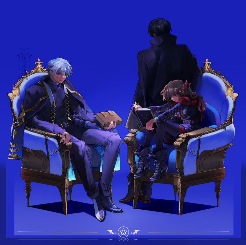1girl, 2boys, absurdres, ankle_boots, aqua_shirt, armchair, belt, black_coat