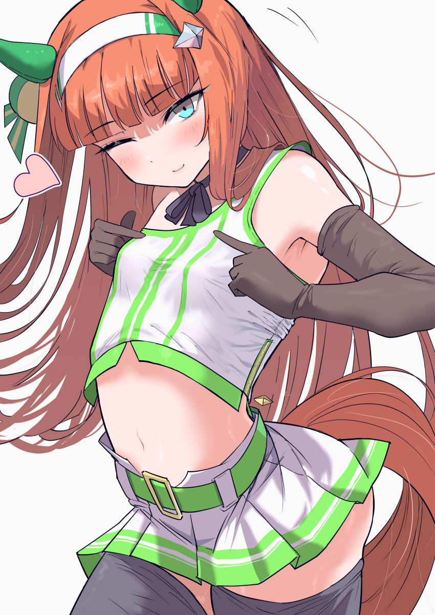 1girl, absurdres, alternate_costume, animal_ears, armpits, belt, blue_eyes, blunt_bangs, blush, breasts, commentary_request, detached_sleeves, heart, highres, hime_cut, horse_ears, horse_girl, itosu200, long_hair, looking_at_viewer, midriff, navel, orange_hair, pointing, pointing_at_self, race_queen, silence_suzuka_(umamusume), simple_background, small_breasts, solo, thighhighs, umamusume, white_background