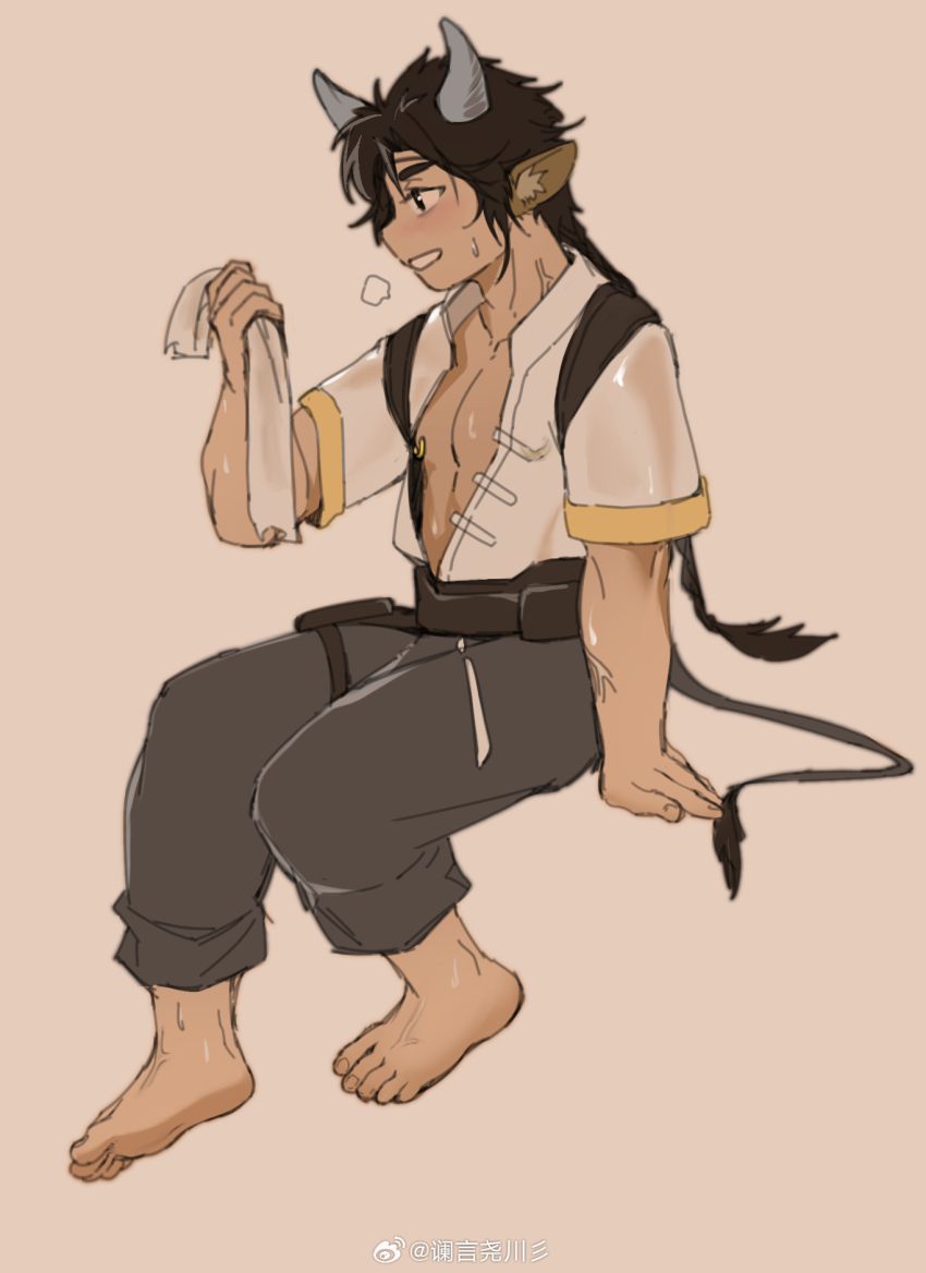 1boy, animal_ears, arknights, barefoot, braid, chinese_commentary, commentary_request, cow_boy