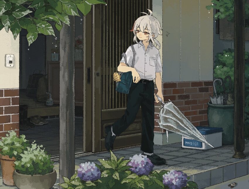 alternate_costume, bag, bag_charm, black_pants, black_shoes, blue_bag, charm_(object), closed_mouth