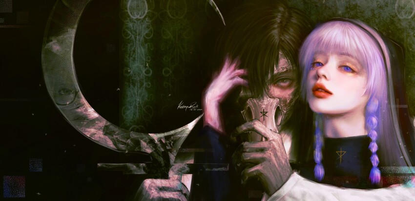 1boy, 1girl, absurdres, black_eyes, black_hair, blue_eyes, choujin_x, cross