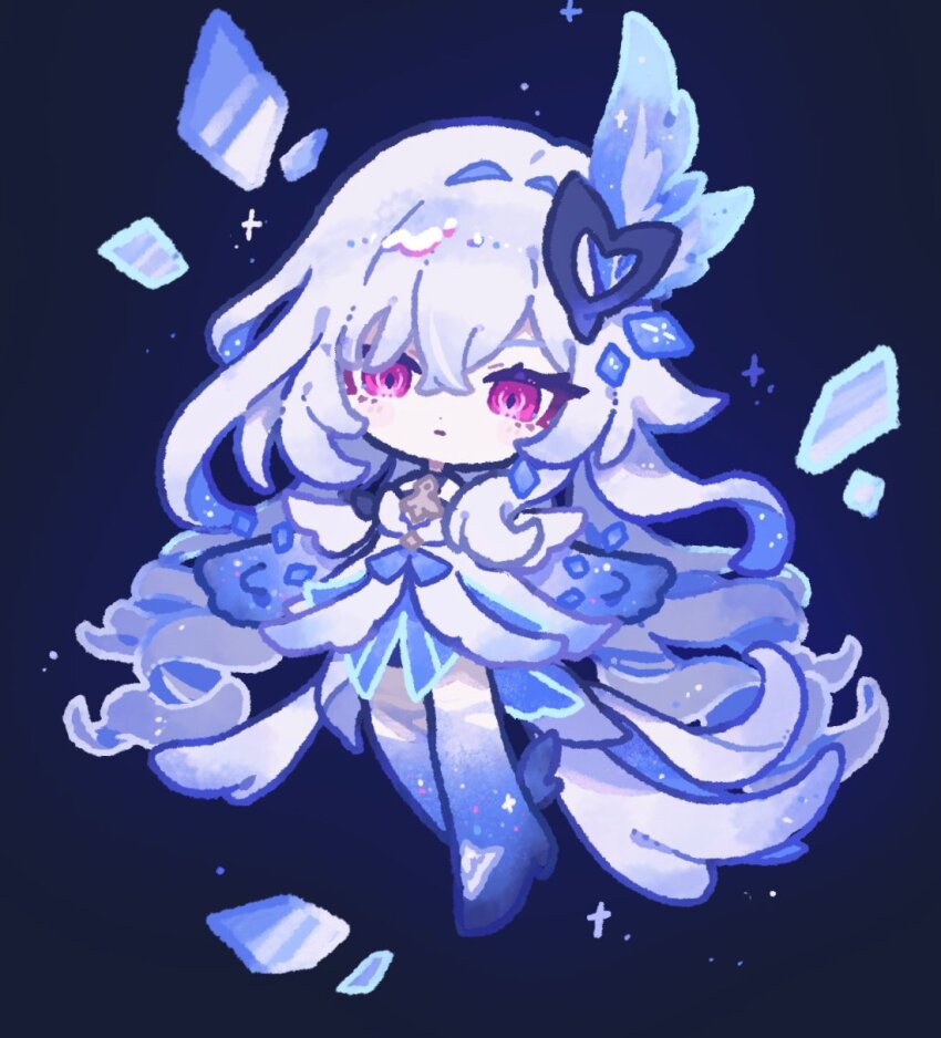 1girl, chibi, crossed_bangs, crystal, dress, genshin_impact, glass_shards, hair_between_eyes