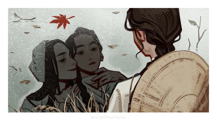 2boys, artist_name, autumn_leaves, bai_wuxiang, bandaged_neck, bandages, bare_tree, black_eyes