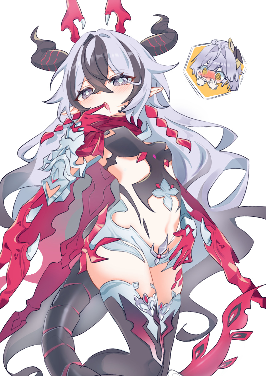 2girls, @_@, absurdres, black_hair, black_horns, black_thighhighs, blush, breasts