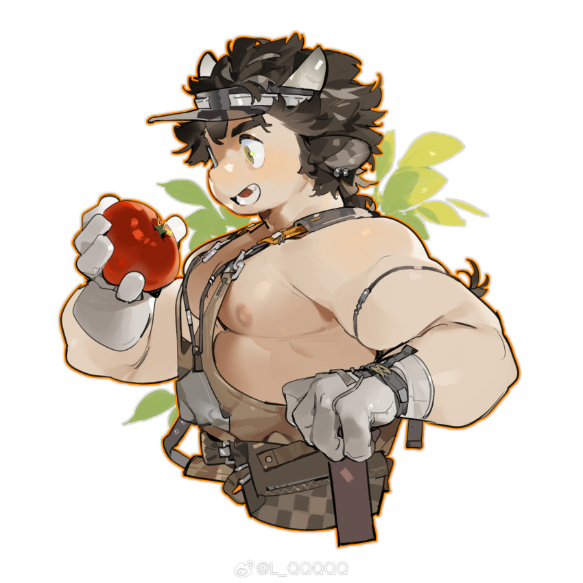 1boy, abs, animal_ears, arknights, bara, braid, brown_hair, brown_overalls