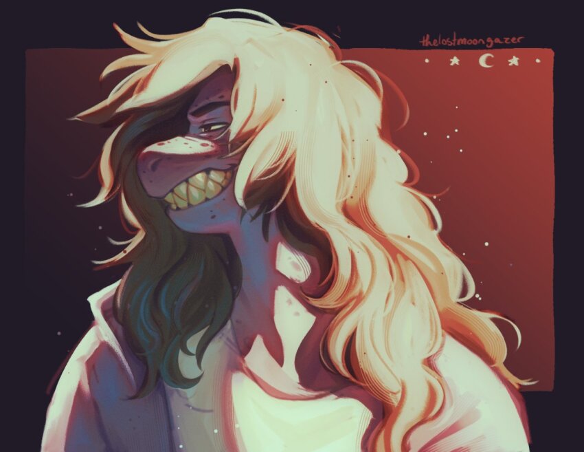 1girl, brown_hair, colored_skin, commentary, crescent, deltarune, english_commentary, furry, furry_female, grin, long_hair, purple_skin, red_background, reptile_girl, sharp_teeth, shirt, signature, smile, solo, star_(symbol), susie_(deltarune), teeth, thelostmoongazer, utdr_(toby_fox), white_shirt