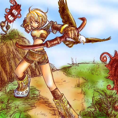 1girl, 2000s_(style), bird, blonde_hair, blue_sky, boots, bow_(weapon), breasts