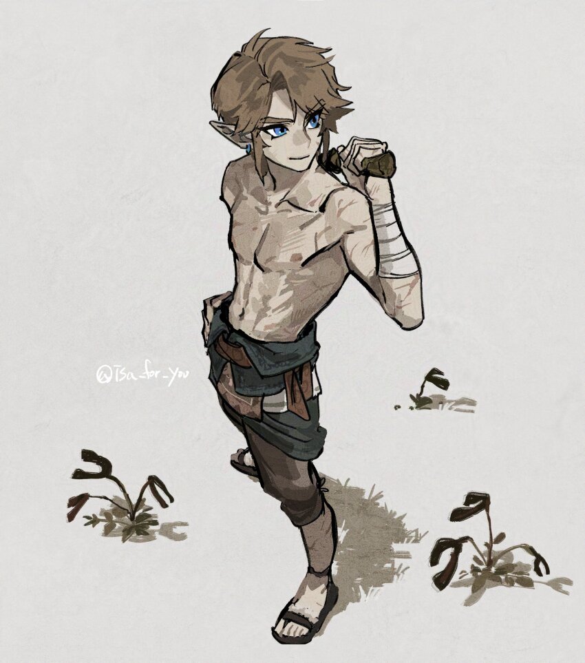 1boy, absurdres, bandaged_arm, bandages, black_sandals, blue_eyes, brown_hair, brown_pants
