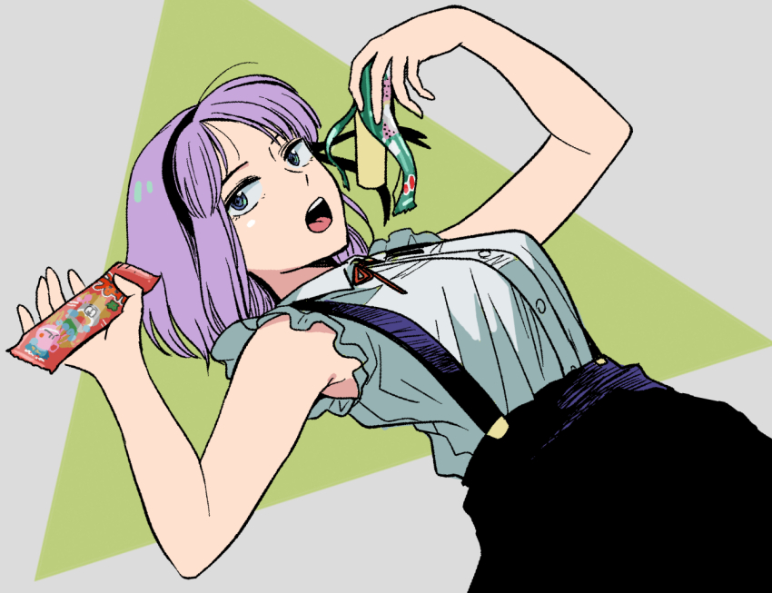 1girl, black_hairband, black_skirt, blue_eyes, breasts, dagashi_kashi, food, food_wrapper