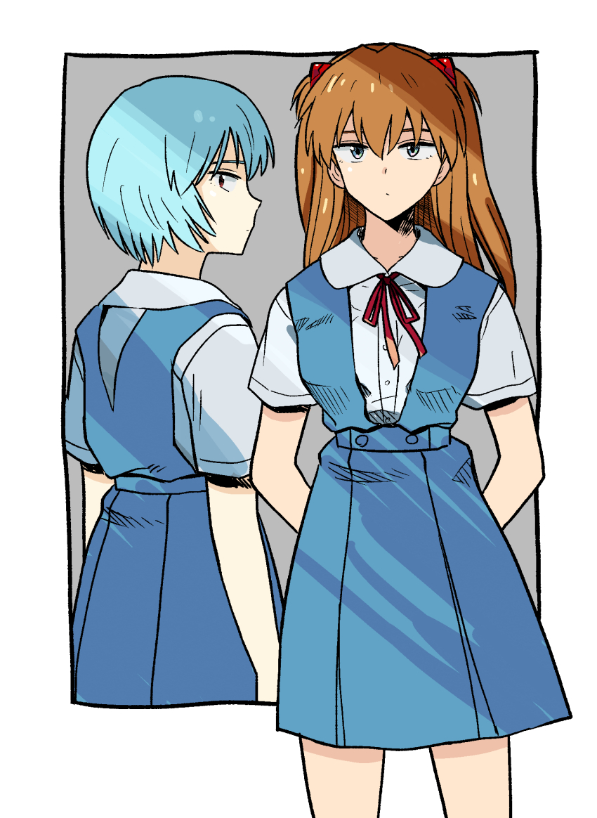 2girls, arms_behind_back, ayanami_rei, blue_hair, blue_skirt, blue_vest, brown_hair, closed_mouth, dot_mouth, hair_between_eyes, hatimoto, highres, interface_headset_(evangelion), long_hair, multiple_girls, neck_ribbon, neon_genesis_evangelion, ribbon, school_uniform, shirt, short_hair, short_sleeves, simple_background, skirt, souryuu_asuka_langley, tokyo-3_middle_school_uniform, vest, white_shirt