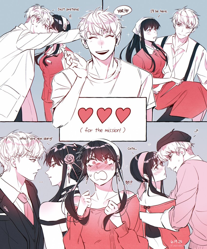 1boy, 1girl, absurdres, black_hair, blonde_hair, blush, breasts, couple