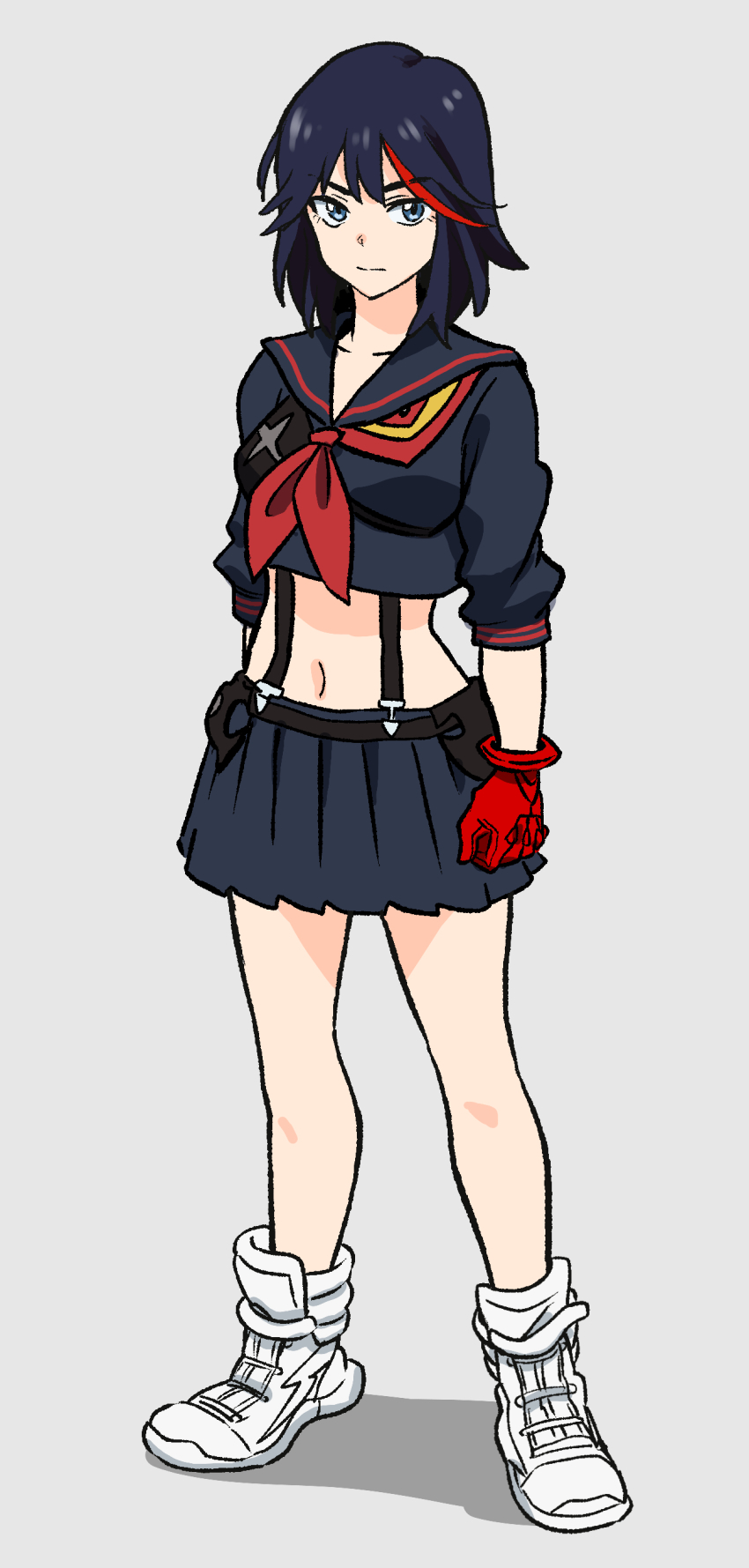 1girl, absurdres, black_hair, black_sailor_collar, black_skirt, blue_eyes, closed_mouth, full_body, gloves, grey_background, hatimoto, highres, kill_la_kill, looking_at_viewer, matoi_ryuuko, midriff, miniskirt, multicolored_hair, navel, neckerchief, pleated_skirt, red_gloves, red_neckerchief, sailor_collar, school_uniform, senketsu, serafuku, shoes, simple_background, skirt, solo, standing, streaked_hair, suspenders, white_shoes