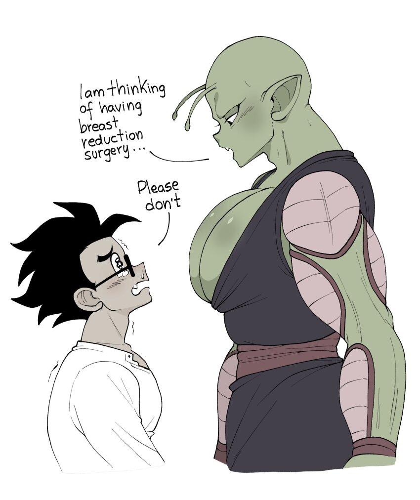 2boys, black_hair, blush, breast_reduction_surgery_(meme), colored_skin, crying, dragon_ball, english_text, glasses, green_skin, highres, large_pectorals, looking_at_another, male_focus, multiple_boys, muscular, muscular_male, namekian, niusesabe, open_mouth, pectorals, piccolo, saiyan, son_gohan, speech_bubble, tears, yaoi