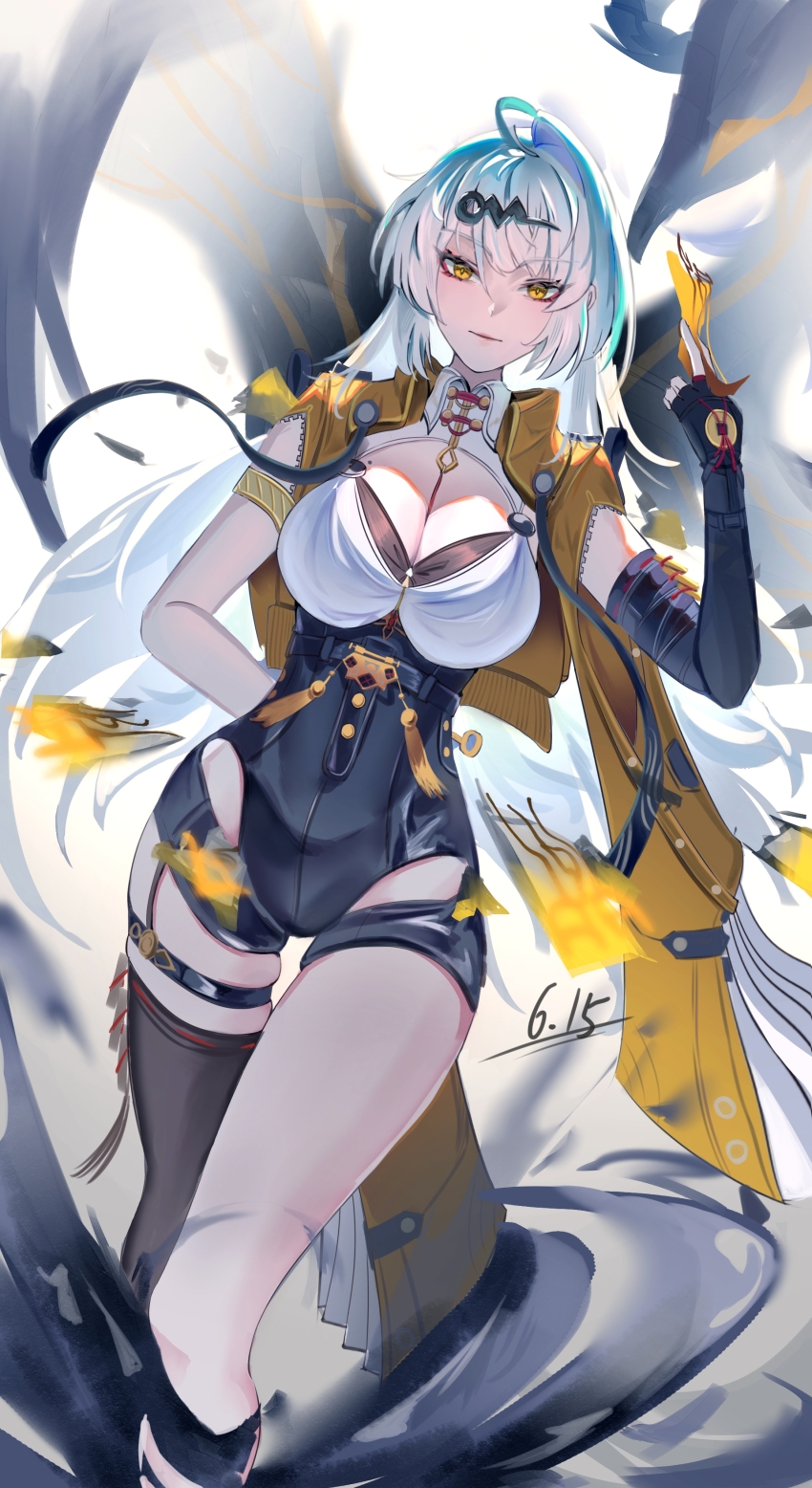 1girl, absurdres, arm_behind_back, black_bra, black_gloves, black_shorts, black_thighhighs, bra