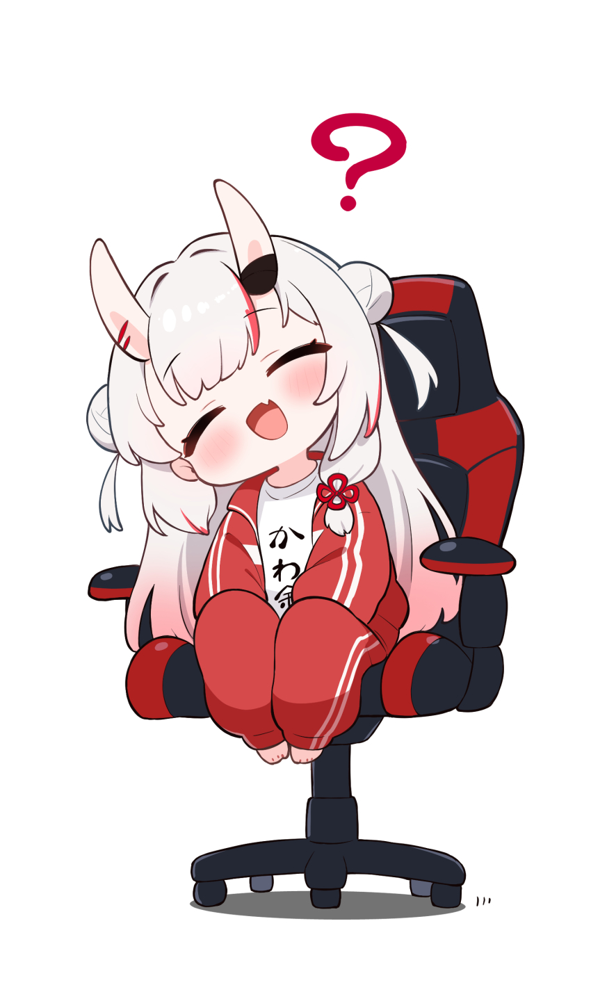 1girl, :d, ?, absurdres, barefoot, blush, chair, closed_eyes