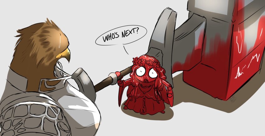 1boy, 1girl, armor, bird_boy, blood, blood_on_face, bloody_weapon, chibi, elden_ring, elden_ring_nightreign, english_text, guardian_(elden_ring), hammer, highres, huge_weapon, looking_at_another, o'donnis, plate_armor, revenant_(elden_ring), simple_background, sweatdrop, war_hammer, weapon