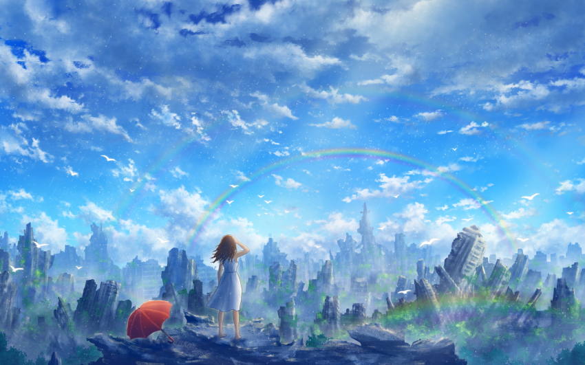 1girl, arm_at_side, au_ito, bare_arms, barefoot, bird, blue_sky, brown_hair