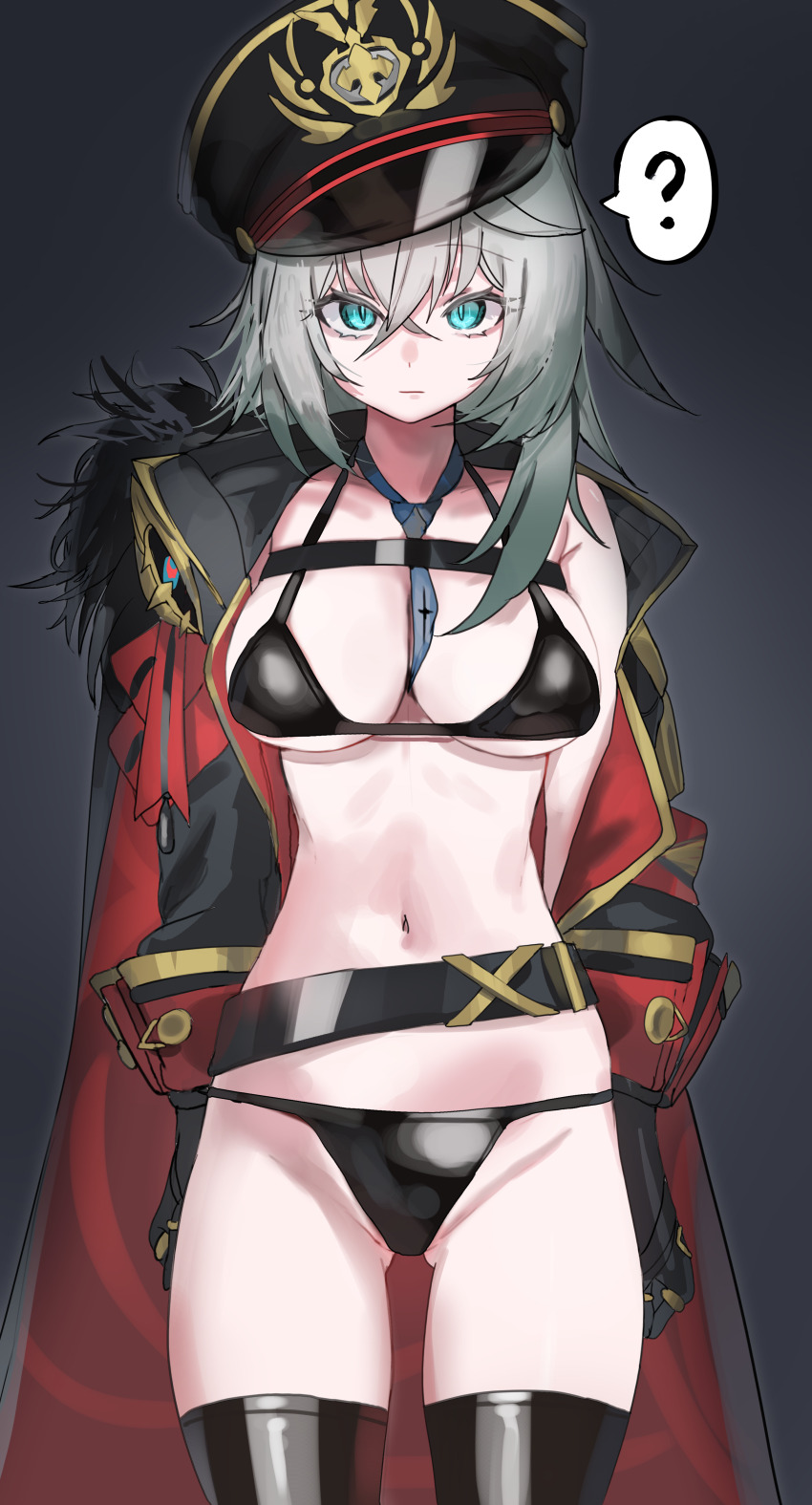 1girl, ?, absurdres, belt, between_breasts, bikini, black_bikini, black_coat