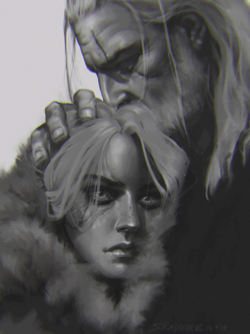 1boy, 1girl, ciri, geralt_of_rivia, grey_background, greyscale, hand_on_another's_head, highres, long_hair, monochrome, scar, scar_across_eye, scar_on_face, signature, simple_background, skadivore, the_witcher_(series), the_witcher_3