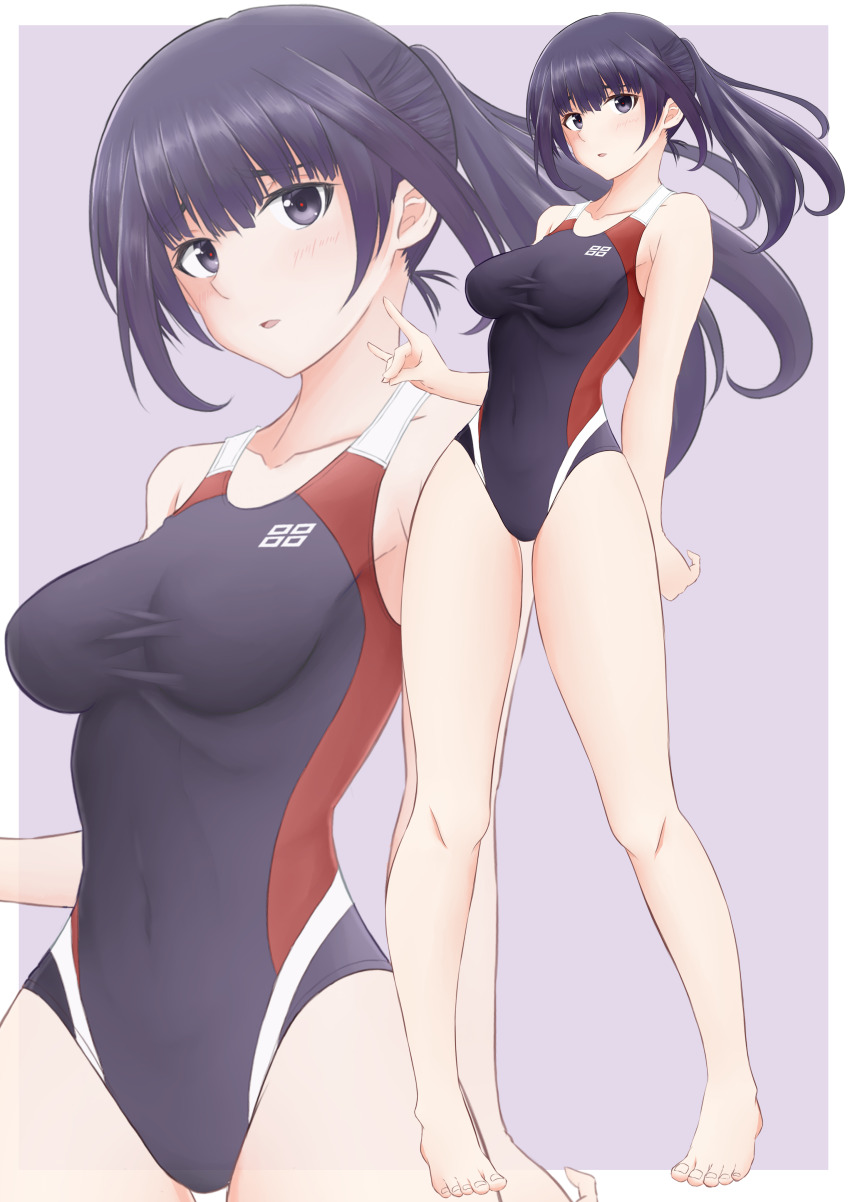 1girl, absurdres, agatsuma_kaede, alice_gear_aegis, barefoot, black_eyes, black_hair, black_one-piece_swimsuit