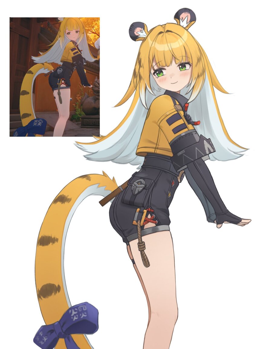 1girl, animal_ear_fluff, animal_ears, bare_legs, black_gloves, black_shorts, blue_bow, blunt_bangs