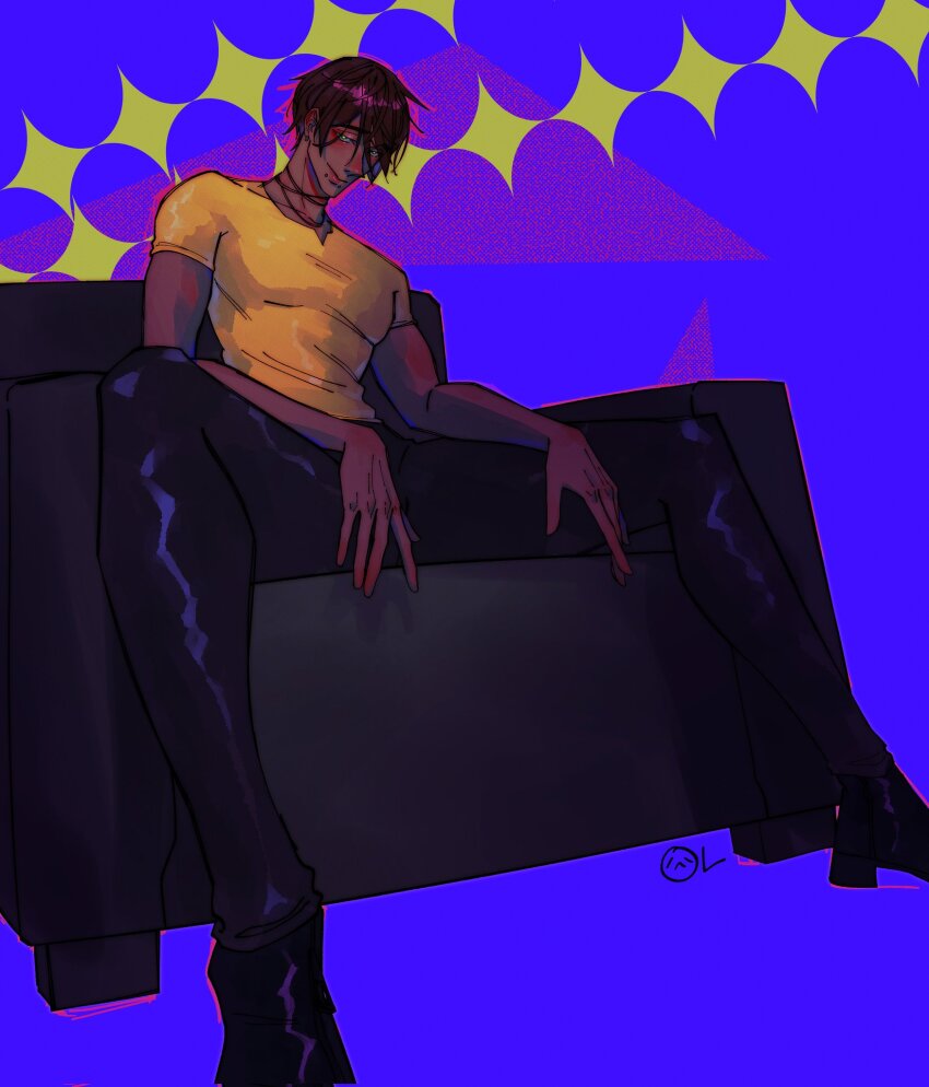 1boy, bad_anatomy, bad_hands, between_legs, blooming_panic, blue_background, blue_eyes, brown_hair