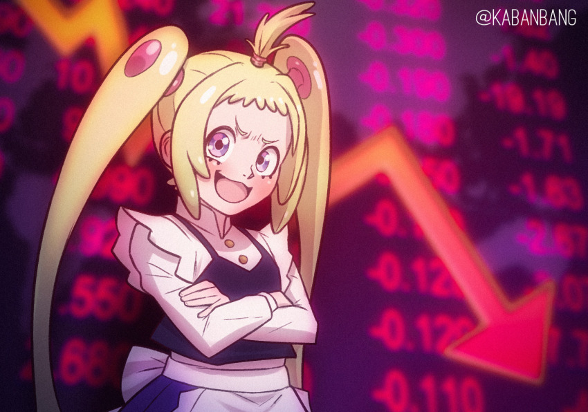 1girl, :d, ahoge, artist_name, bang_dacy, blonde_hair, blue_eyes, crossed_arms, ichiko_(mayonaka_punch), long_sleeves, mayonaka_punch, meme, open_mouth, smile, solo, stonks_(meme), twintails, upper_body