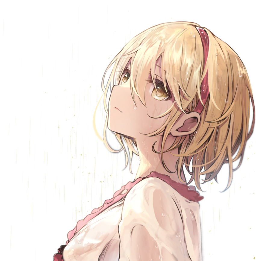 1girl, blonde_hair, breasts, brown_eyes, closed_mouth, commentary_request, djeeta_(granblue_fantasy), expressionless, fighter_(granblue_fantasy), from_side, granblue_fantasy, hair_between_eyes, hairband, highres, looking_at_viewer, looking_up, medium_breasts, mocchi_(user_53239645), pink_hairband, portrait, short_hair, simple_background, solo, wet, wet_clothes, wet_hair, white_background
